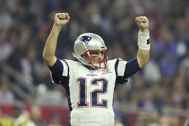 FILE - In this Feb. 5, 2017, file photo, New England Patriots quarterback Tom Brady celebrates a touchdown against the Atlanta Falcons during Super Bowl 51 in Houston. Tom Brady's missing jersey from the Super Bowl has been found in the possession of a member of the international media. The NFL said in a statement Monday, March 20, 2017 that his jersey was found through the