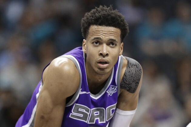 Sacramento Kings' Skal Labissiere waits for a free throw against the Charlotte Hornets during the second half of an NBA basketball game in Charlotte, N.C., Monday, Jan. 22, 2018. (AP Photo/Chuck Burton)