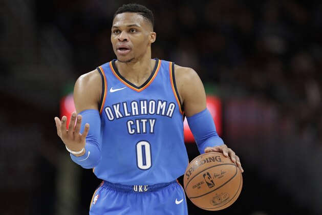 Oklahoma City Thunder's Russell Westbrook drives against the Cleveland Cavaliers in the second half of an NBA basketball game, Saturday, Jan. 20, 2018, in Cleveland. (AP Photo/Tony Dejak)