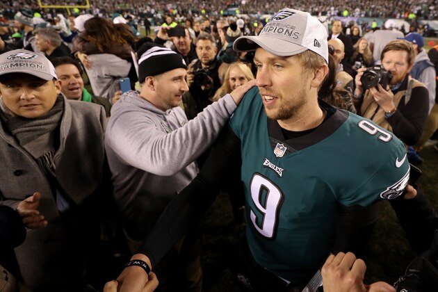 PHILADELPHIA, PA - JANUARY 21:  Nick Foles #9 of the Philadelphia Eagles celebrates his teams win over the Minnesota Vikings in the NFC Championship game at Lincoln Financial Field on January 21, 2018 in Philadelphia, Pennsylvania. The Philadelphia Eagles defeated the Minnesota Vikings 38-7.  (Photo by Patrick Smith/Getty Images)