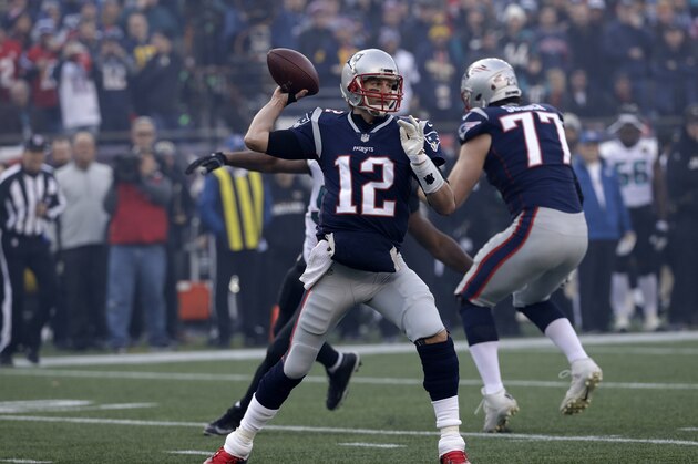 New England Patriots quarterback Tom Brady (12) throws a pass during the first half of the AFC championship NFL football game against the Jacksonville Jaguars, Sunday, Jan. 21, 2018, in Foxborough, Mass. (AP Photo/David J. Phillip)