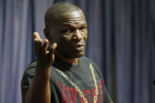 Boxer Floyd Mayweather Jr.'s father and trainer Floyd Mayweather Sr. speaks during a media roundtable Thursday, April 30, 2015, in Las Vegas. Floyd Mayweather Jr. will face Manny Pacquiao in a welterweight boxing match in Las Vegas on May 2. (AP Photo/John Locher)