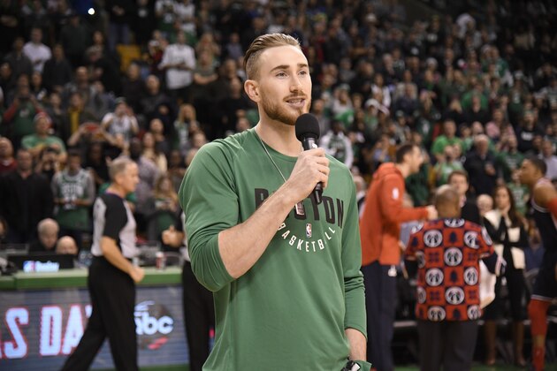 BOSTON, MA - DECEMBER 25: Gordon Hayward #20 of the Boston Celtics speaks to crowd during game against the Washington Wizards on December 25, 2017 at the TD Garden in Boston, Massachusetts.  NOTE TO USER: User expressly acknowledges and agrees that, by downloading and or using this photograph, User is consenting to the terms and conditions of the Getty Images License Agreement. Mandatory Copyright Notice: Copyright 2017 NBAE  (Photo by Brian Babineau/NBAE via Getty Images)