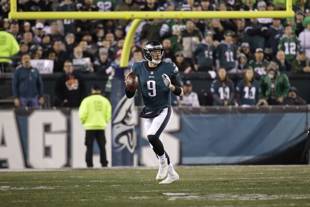 Philadelphia Eagles quarterback Nick Foles in action during the NFL football NFC championship game against the Minnesota Vikings Sunday, Jan. 21, 2018, in Philadelphia. (AP Photo/Matt Rourke)