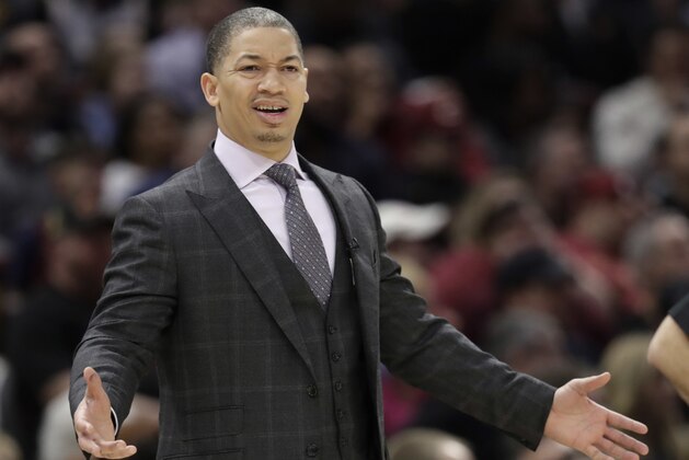 FILE - In this Jan. 20, 2018, file photo, Cleveland Cavaliers head coach Tyronn Lue reacts in the first half of an NBA basketball game against the Oklahoma City Thunder, in Cleveland. Frustrated by their recent poor play in a season where their NBA title hopes seem to be slipping away, the Cavaliers held an emotional pre-practice meeting on Monday, Jan. 22, 2018, in hopes of clearing the air.(AP Photo/Tony Dejak, File)
