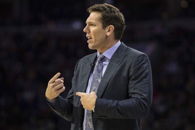 Los Angeles Lakers head coach Luke Walton reacts during the first half of an NBA basketball game against the Philadelphia 76ers, Thursday, Dec. 7, 2017, in Philadelphia. The Lakers won 107-104. (AP Photo/Chris Szagola)