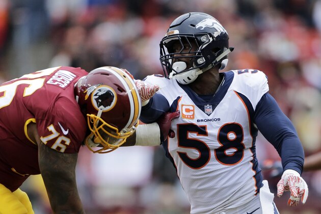 Denver Broncos outside linebacker Von Miller (58) rushes against Washington Redskins offensive tackle Morgan Moses (76) during an NFL football game between the Denver Broncos and Washington Redskins, Sunday, Dec. 24, 2017, in Landover, Md. (AP Photo/Mark Tenally)