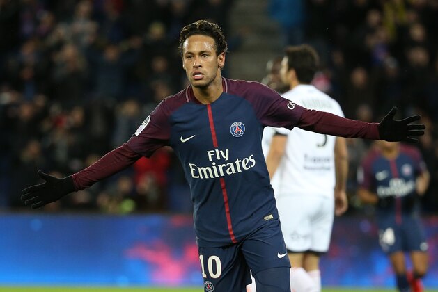 PARIS FRANCE - JANUARY 17: Neymar Jr of PSG celebrates his third goal during the French Ligue 1 match between Paris Saint Germain (PSG) and Dijon FCO at Parc des Princes stadium on January 17, 2018 in Paris, France. (Photo by Jean Catuffe/Getty Images)