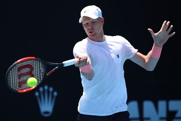 MELBOURNE, AUSTRALIA - JANUARY 24:  Kyle Edmund of Great Britain plays a forehand in a practice session on day 10 of the 2018 Australian Open at Melbourne Park on January 24, 2018 in Melbourne, Australia.  (Photo by Clive Brunskill/Getty Images)