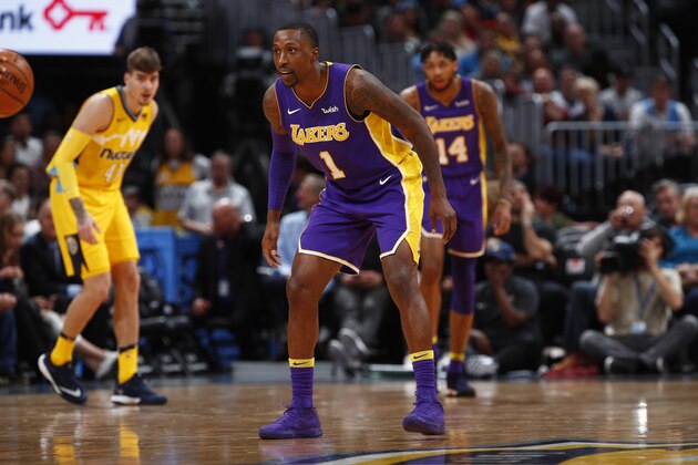 Los Angeles Lakers guard Kentavious Caldwell-Pope (1) in the second half of an NBA basketball game Saturday, Dec. 2, 2017, in Denver. The Nuggets won 115-100. (AP Photo/David Zalubowski)