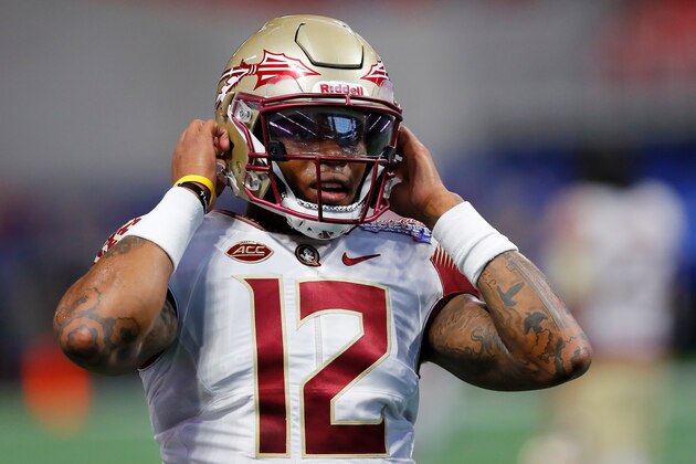 ATLANTA, GA - SEPTEMBER 02:  Deondre Francois #12 of the Florida State Seminoles warms up prior to their game against the Alabama Crimson Tide at Mercedes-Benz Stadium on September 2, 2017 in Atlanta, Georgia.  (Photo by Kevin C. Cox/Getty Images)