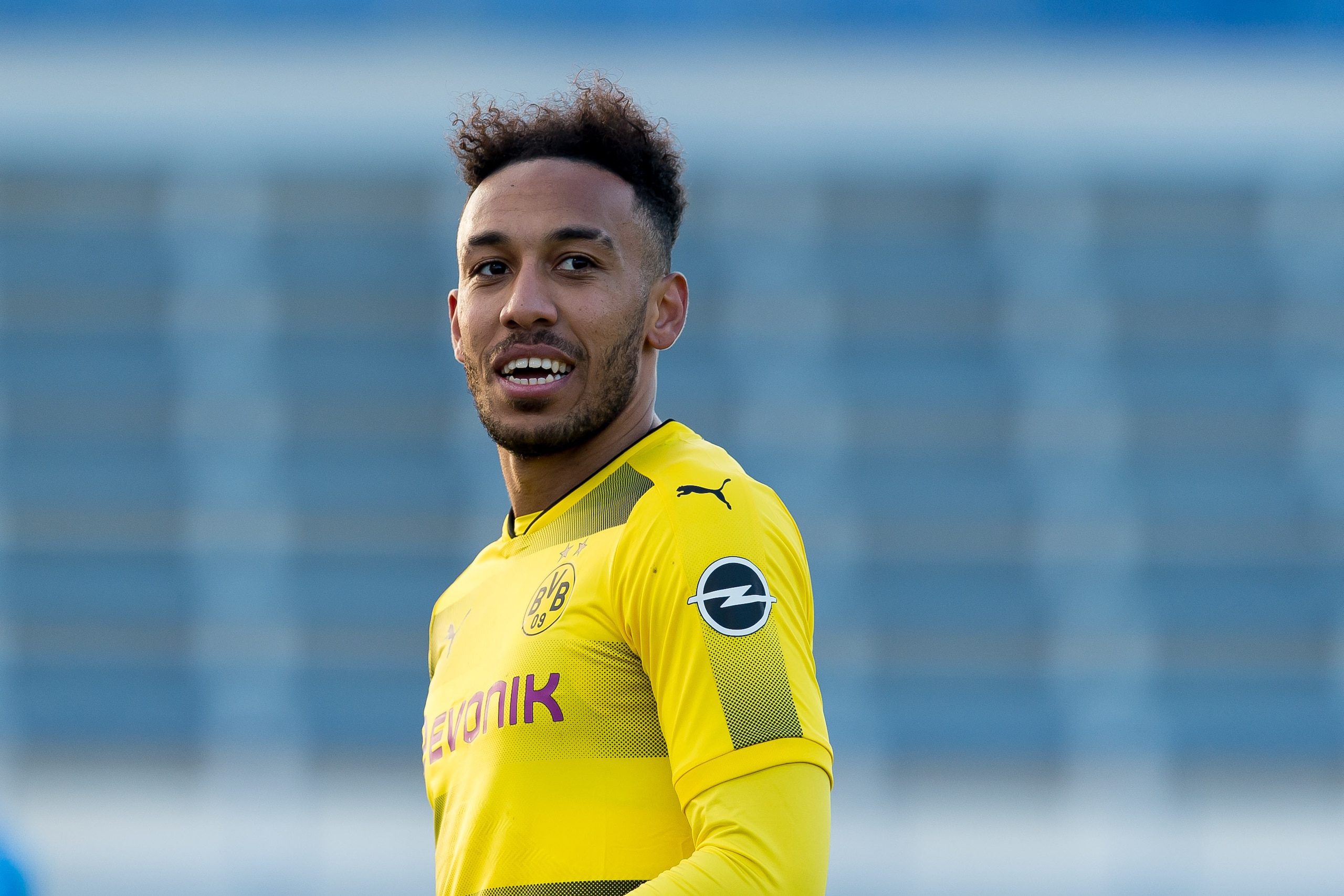 MARBELLA, SPAIN - JANUARY 08: Auba, Pierre-Emerick Aubameyang of Dortmund laughs during the Friendly match between Borussia Dortmund and SV Zulte Waregem at Estadio Municipal de Marbella on January 08, 2018 in Marbella, Spain. (Photo by TF-Images/TF-Images via Getty Images)