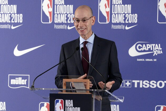LONDON, ENGLAND - JANUARY 11:  NBA Commissioner Adam Silver speaks to the media prior to the 2018 NBA London Game at the 02 Arena on January 11, 2018 in London, England. NOTE TO USER: User expressly acknowledges and agrees that, by downloading and/or using this Photograph, user is consenting to the terms and conditions of the Getty Images License Agreement. Mandatory Copyright Notice: Copyright 2018 NBAE (Photo by David Dow/NBAE via Getty Images)