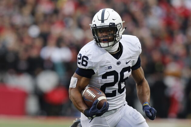 Penn State running back Saquon Barkley plays against Ohio State during an NCAA college football game Saturday, Oct. 28, 2017, in Columbus, Ohio. (AP Photo/Jay LaPrete)
