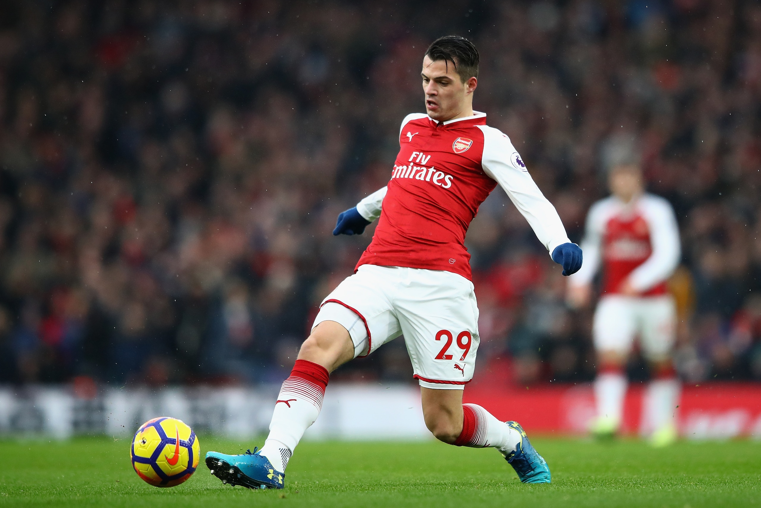 LONDON, ENGLAND - JANUARY 20: Granit Xhaka of Arsenal in action during the Premier League match between Arsenal and Crystal Palace at Emirates Stadium on January 20, 2018 in London, England.  (Photo by Clive Mason/Getty Images)