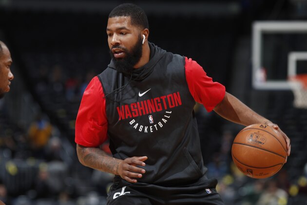 Washington Wizards forward Markieff Morris (5) in the first half of an NBA basketball game Monday, Oct. 23, 2017, in Denver. (AP Photo/David Zalubowski)