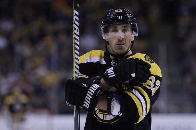 Boston Bruins left wing Brad Marchand during the second period of an NHL hockey game in Boston, Tuesday, Jan. 23, 2018. (AP Photo/Charles Krupa)