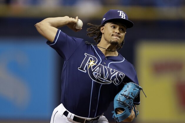 Tampa Bay Rays' Chris Archer pitches to the Baltimore Orioles during the first inning of a baseball game Saturday, Sept. 30, 2017, in St. Petersburg, Fla. (AP Photo/Chris O'Meara)