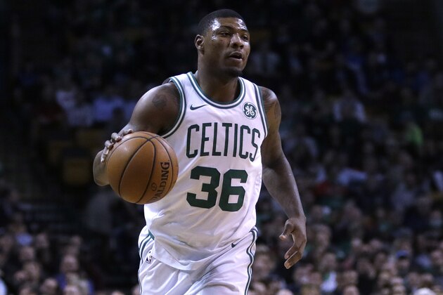 Boston Celtics guard Marcus Smart (36) during the first quarter of an NBA basketball game in Boston, Wednesday, Dec. 6, 2017. (AP Photo/Charles Krupa)