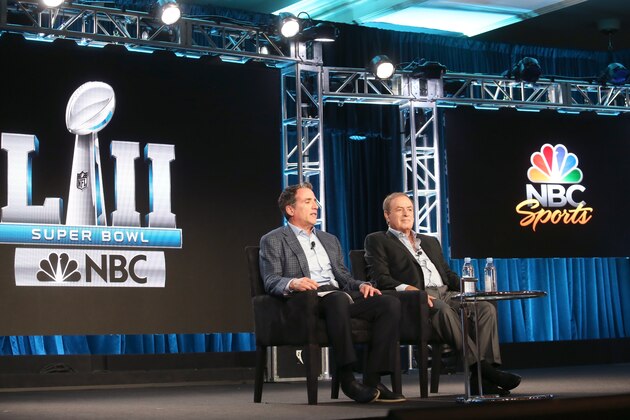 PASADENA, CA - JANUARY 09:  Executive Producer, 'Sunday Night Football,' 'Thursday Night Football,' & Super Bowl LII, Fred Gaudelli (L) and Play-by-Play, 'Sunday Night Football' & Super Bowl LII, Al Michaels speak onstage during the NBCUniversal portion of the 2018 Winter Television Critics Association Press Tour at The Langham Huntington, Pasadena on January 9, 2018 in Pasadena, California.  (Photo by Frederick M. Brown/Getty Images)