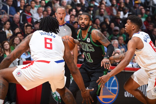 LOS ANGELES, CA - JANUARY 24: Kyrie Irving #11 of the Boston Celtics handles the ball against the LA Clippers on January 24, 2018 at STAPLES Center in Los Angeles, California. NOTE TO USER: User expressly acknowledges and agrees that, by downloading and/or using this Photograph, user is consenting to the terms and conditions of the Getty Images License Agreement. Mandatory Copyright Notice: Copyright 2018 NBAE (Photo by Andrew D. Bernstein/NBAE via Getty Images) LOS ANGELES, CA - JANUARY 24: Kyrie Irving #11 of the Boston Celtics handles the ball against the LA Clippers on January 24, 2018 at STAPLES Center in Los Angeles, California. NOTE TO USER: User expressly acknowledges and agrees that, by downloading and/or using this Photograph, user is consenting to the terms and conditions of the Getty Images License Agreement. Mandatory Copyright Notice: Copyright 2018 NBAE (Photo by Andrew D. Bernstein/NBAE via Getty Images)
