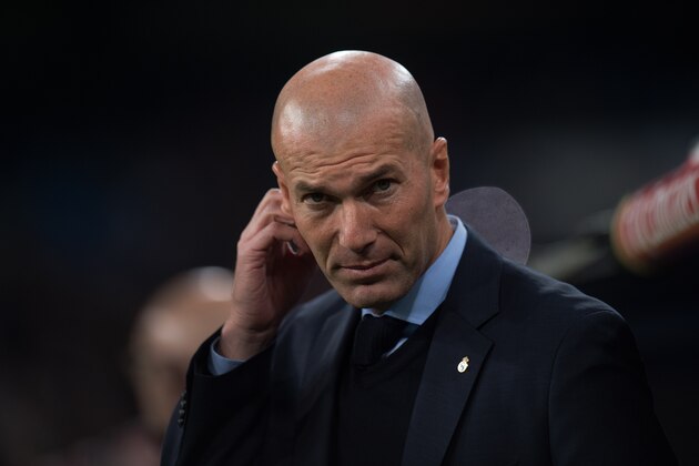 MADRID, SPAIN - JANUARY 24:   Zinedine Zidane, Manager of Real Madrid looks on during the Copa del Rey, Quarter Final, Second Leg match between Real Madrid and Leganes at the Santiago Bernabeu stadium on January 24, 2018 in Madrid, Spain. (Photo by Denis Doyle/Getty Images)