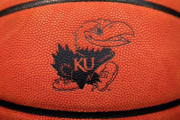 LAWRENCE, KS - NOVEMBER 24:  A detail of the Kansas Jayhawks logo on a basketball ahead of the game between the Rider Broncs and the Kansas Jayhawks at Allen Fieldhouse on November 24, 2014 in Lawrence, Kansas.  (Photo by Jamie Squire/Getty Images)