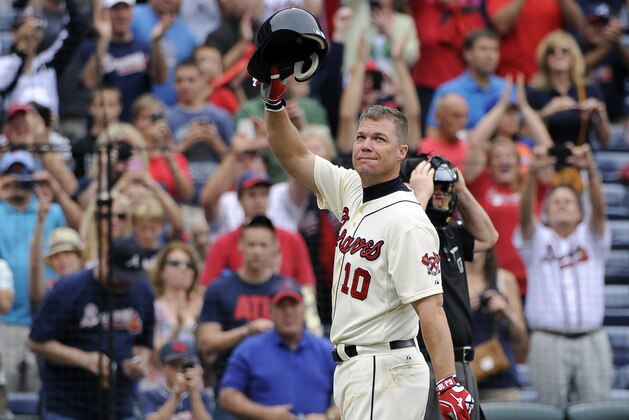 Retiring Atlanta Braves' Chipper Jones salutes the crowd as he enters the batter's box during the second inning of their baseball game against the New York Mets at Turner Field Sunday, Sept. 30, 2012, in Atlanta.    (AP Photo/David Tulis)