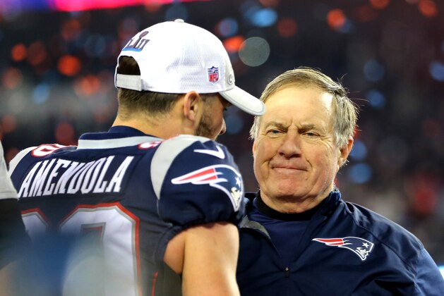 FOXBOROUGH, MA - JANUARY 21:  Danny Amendola #80 of the New England Patriots celebrates with head coach Bill Belichick after winning the AFC Championship Game against the Jacksonville Jaguars at Gillette Stadium on January 21, 2018 in Foxborough, Massachusetts.  (Photo by Adam Glanzman/Getty Images)