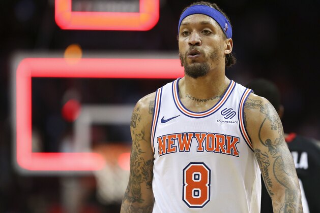 New York Knicks forward Michael Beasley walks off the court after the team's 117-102 loss to the Houston Rockets in an NBA basketball game Saturday, Nov. 25, 2017, in Houston. (AP Photo/Eric Christian Smith)