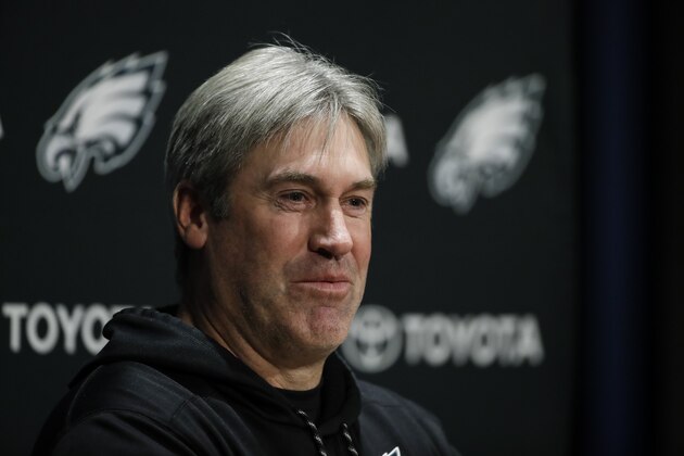 Philadelphia Eagles head coach Doug Pederson speaks with members of the media during an NFL football news conference at the team's training facility in Philadelphia, Thursday, Jan. 25, 2018. The Eagles face the New England Patriots in Super Bowl 52 on Sunday, Feb. 4, in Minneapolis. (AP Photo/Matt Rourke)