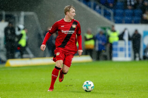 SINSHEIM, GERMANY - JANUARY 20: Julian Brandt of Leverkusen controls the ball during the Bundesliga match between TSG 1899 Hoffenheim and Bayer 04 Leverkusen at Rhein-Neckar-Arena on January 20, 2018 in Sinsheim, Germany. (Photo by TF-Images/TF-Images via Getty Images)