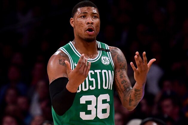 LOS ANGELES, CA - JANUARY 23:  Marcus Smart #36 of the Boston Celtics calls for the ball during the first half against the Los Angeles Lakers at Staples Center on January 23, 2018 in Los Angeles, California.  (Photo by Harry How/Getty Images)