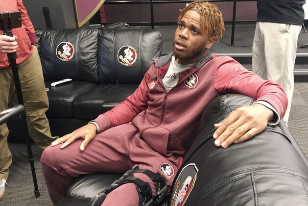 Florida State quarterback Deondre Francois speaks to the media Tuesday, Oct. 31, 2017 in Tallahassee, Fla. Francois suffered a season-ending knee injury during the Sept. 2 season-opener against Alabama. Since then, the team has had its worst start since 1976. (AP Photo/Joe Ready)
