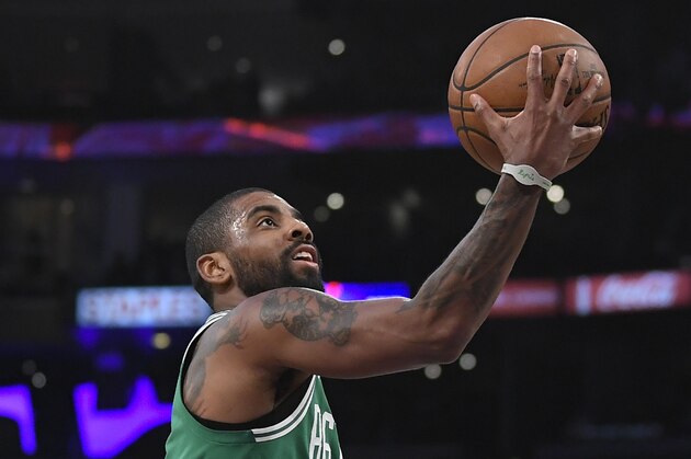 Boston Celtics guard Kyrie Irving shoots during the second half of an NBA basketball game against the Los Angeles Lakers, Tuesday, Jan. 23, 2018, in Los Angeles. The Lakers won 108-107. (AP Photo/Mark J. Terrill)