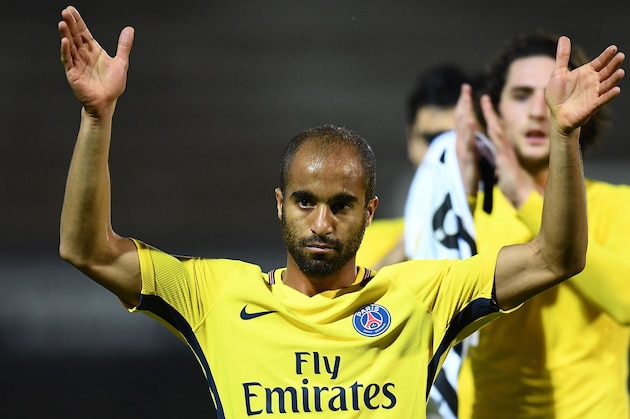 Paris Saint-Germain's Brazilian midfielder Lucas Moura reacts at the end of the French L1 football match between Angers (SCO) and Paris Saint-Germain (PSG) at the Raymond Kopa Stadium in Angers, on November 4, 2017. 
PSG won the match 5-0. / AFP PHOTO / FRANCK FIFE        (Photo credit should read FRANCK FIFE/AFP/Getty Images)