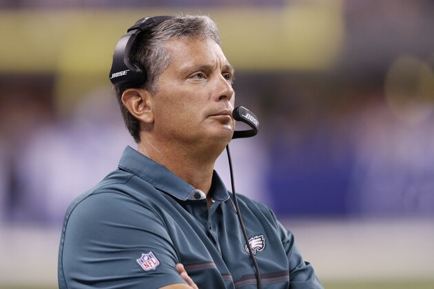INDIANAPOLIS, IN - AUGUST 27: Defensive coordinator Jim Schwartz of the Philadelphia Eagles looks on against the Indianapolis Colts during a preseason NFL game at Lucas Oil Stadium on August 27, 2016 in Indianapolis, Indiana. (Photo by Joe Robbins/Getty Images)