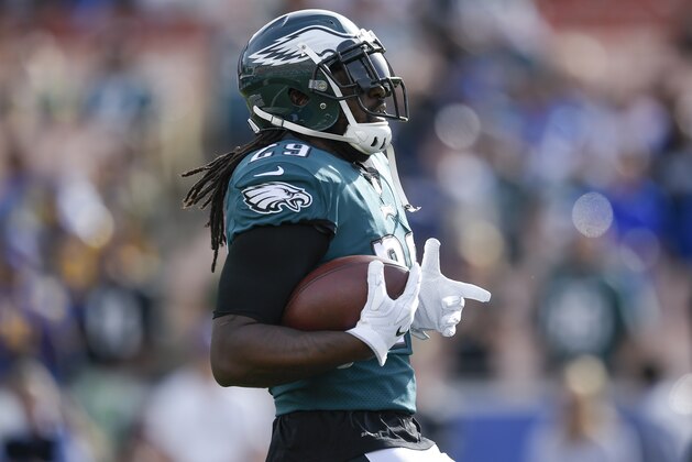 Philadelphia Eagles running back LeGarrette Blount warms up before an NFL football game against the Los Angeles Rams Sunday, Dec. 10, 2017, in Los Angeles. (AP Photo/Kelvin Kuo)