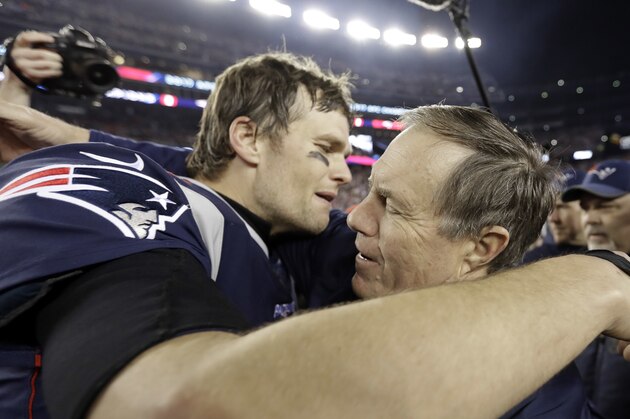 New England Patriots quarterback Tom Brady, left, hugs coach Bill Belichick after the AFC championship NFL football game against the Jacksonville Jaguars, Sunday, Jan. 21, 2018, in Foxborough, Mass. The Patriots won 24-20. (AP Photo/David J. Phillip)