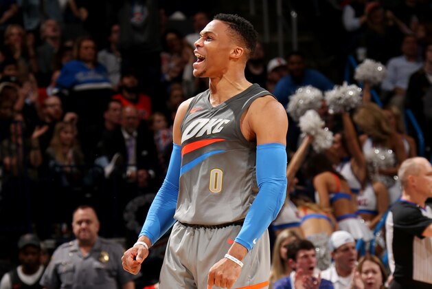 OKLAHOMA CITY, OK- JANUARY 25: Russell Westbrook #0 of the Oklahoma City Thunder reacts during the game against the Washington Wizards on January 25, 2018 at Chesapeake Energy Arena in Oklahoma City, Oklahoma. NOTE TO USER: User expressly acknowledges and agrees that, by downloading and or using this photograph, User is consenting to the terms and conditions of the Getty Images License Agreement. Mandatory Copyright Notice: Copyright 2018 NBAE (Photo by Layne Murdoch Sr./NBAE via Getty Images)