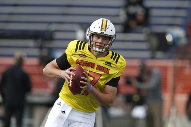 North squad quarterback Josh Allen of Wyoming in action during the North teams practice for Saturday's Senior Bowl college football game in Mobile, Ala.,Wednesday, Jan. 24, 2018. (AP Photo/Brynn Anderson)