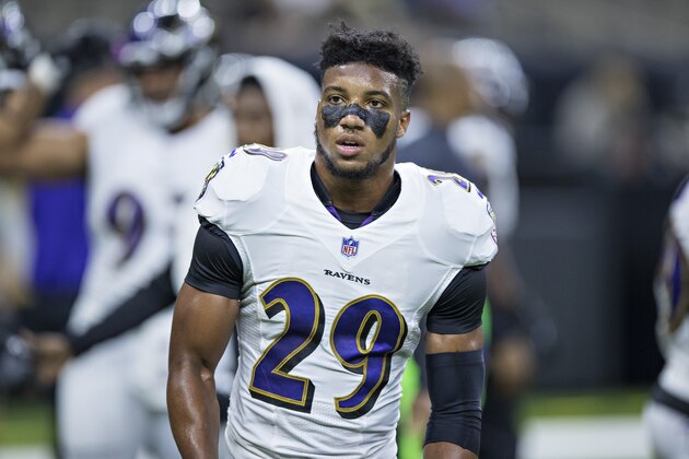 NEW ORLEANS, LA - AUGUST 31: Marlon Humphrey #29 of the Baltimore Ravens warming up before a preseason game against the New Orleans Saints at Mercedes-Benz Superdome on August 31, 2017 in New Orleans, Louisiana. The Ravens defeated the Saints 14-13. (Photo by Wesley Hitt/Getty Images) NEW ORLEANS, LA - AUGUST 31: Marlon Humphrey #29 of the Baltimore Ravens warming up before a preseason game against the New Orleans Saints at Mercedes-Benz Superdome on August 31, 2017 in New Orleans, Louisiana. The Ravens defeated the Saints 14-13. (Photo by Wesley Hitt/Getty Images)