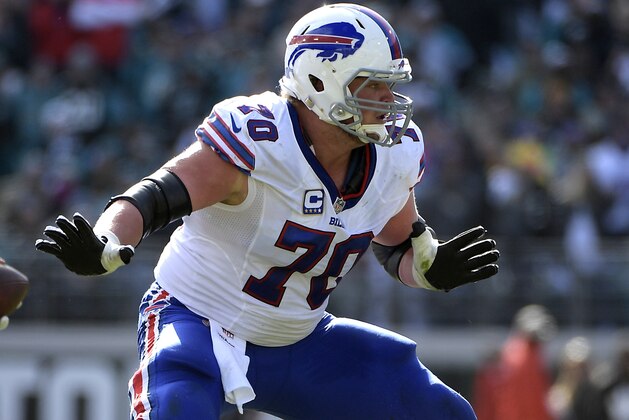 Buffalo Bills center Eric Wood looks to block against the Jacksonville Jaguars in the first half of an NFL wild-card playoff football game, Sunday, Jan. 7, 2018, in Jacksonville, Fla. (AP Photo/Phelan M. Ebenhack)