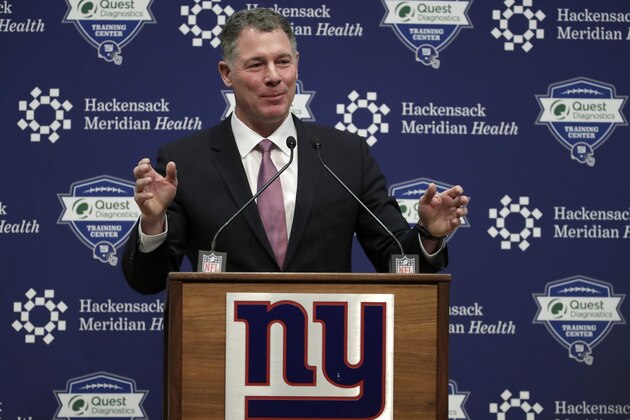 Pat Shurmur speaks after being introduced as head coach of the New York Giants during an NFL football news conference, Friday, Jan. 26, 2018, in East Rutherford , N.J. Shurmur, the former Minnesota Vikings offensive coordinator, was announced as the new coach less than 24 hours after he and the Vikings were beaten by the Philadelphia Eagles in the NFC title game. The 52-year-old Shurmur replaces Ben McAdoo, who was fired in early December. (AP Photo/Julio Cortez)