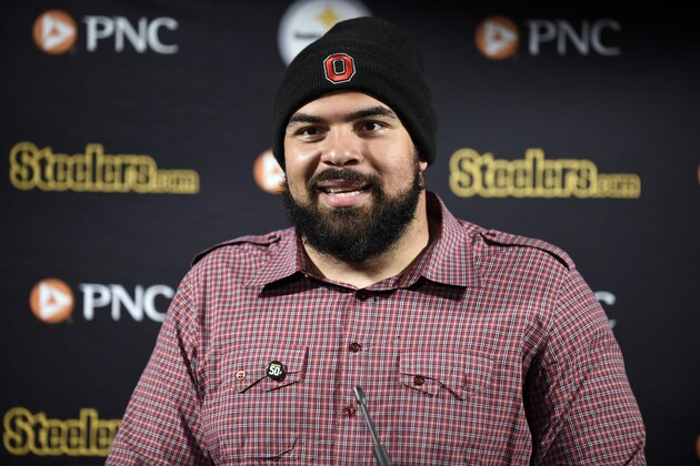 Pittsburgh Steelers defensive end Cameron Heyward answers a question during a news conference after an NFL football game against the Houston Texans Monday, Dec. 25, 2017, in Houston. The Steelers won 34-6. (AP Photo/Eric Christian Smith)