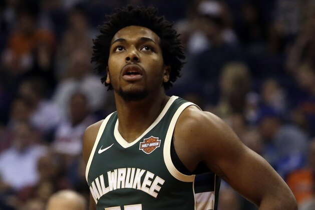Milwaukee Bucks guard Sterling Brown (23) in the second half during an NBA basketball game against the Phoenix Suns, Wednesday, Nov 22, 2017, in Phoenix. The Bucks defeated the Suns 113-107 in overtime. (AP Photo/Rick Scuteri)