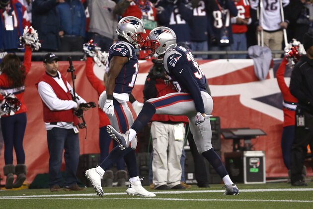 FOXBOROUGH, MA - JANUARY 21: Matthew Slater #18 and Brandon King #36 of the New England Patriots react after a play in the fourth quarter against the Jacksonville Jaguars during the AFC Championship Game at Gillette Stadium on January 21, 2018 in Foxborough, Massachusetts.  (Photo by Jim Rogash/Getty Images)