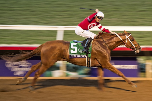 DEL MAR, CA - NOVEMBER 04: Gun Runner  #5, ridden by Florent Geroux, wins the Breeders' Cup Classic during the Breeders' Cup Classic race on Day 2 of the 2017 Breeders' Cup World Championships at Del Mar Racing Club on November 4, 2017 in Del Mar, California. (Photo by Scott Serio/Breeders Cup via Getty Images)