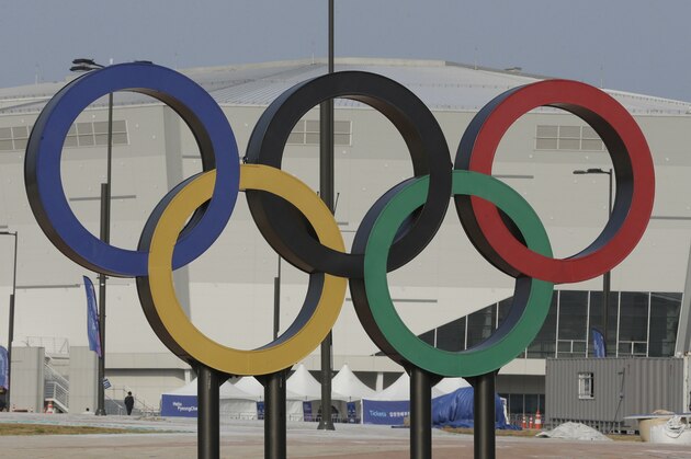Olympic rings are seen in front of Gangneung Hockey Center in Gangneung, South Korea, Tuesday, April 4, 2017. South Korean Olympic organizers still hope to see NHL players competing at next year's Winter Games despite the National Hockey League's insistence it won't happen. (AP Photo/Ahn Young-joon)