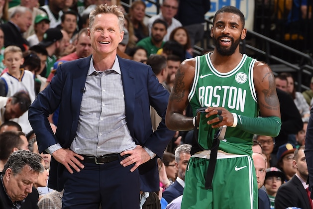 BOSTON, MA - NOVEMBER 16:  Steve Kerr of the Golden State Warriors and Kyrie Irving #11 of the Boston Celtics during the game on November 16, 2017 at the TD Garden in Boston, Massachusetts.  NOTE TO USER: User expressly acknowledges and agrees that, by downloading and or using this photograph, User is consenting to the terms and conditions of the Getty Images License Agreement. Mandatory Copyright Notice: Copyright 2017 NBAE  (Photo by Brian Babineau/NBAE via Getty Images)